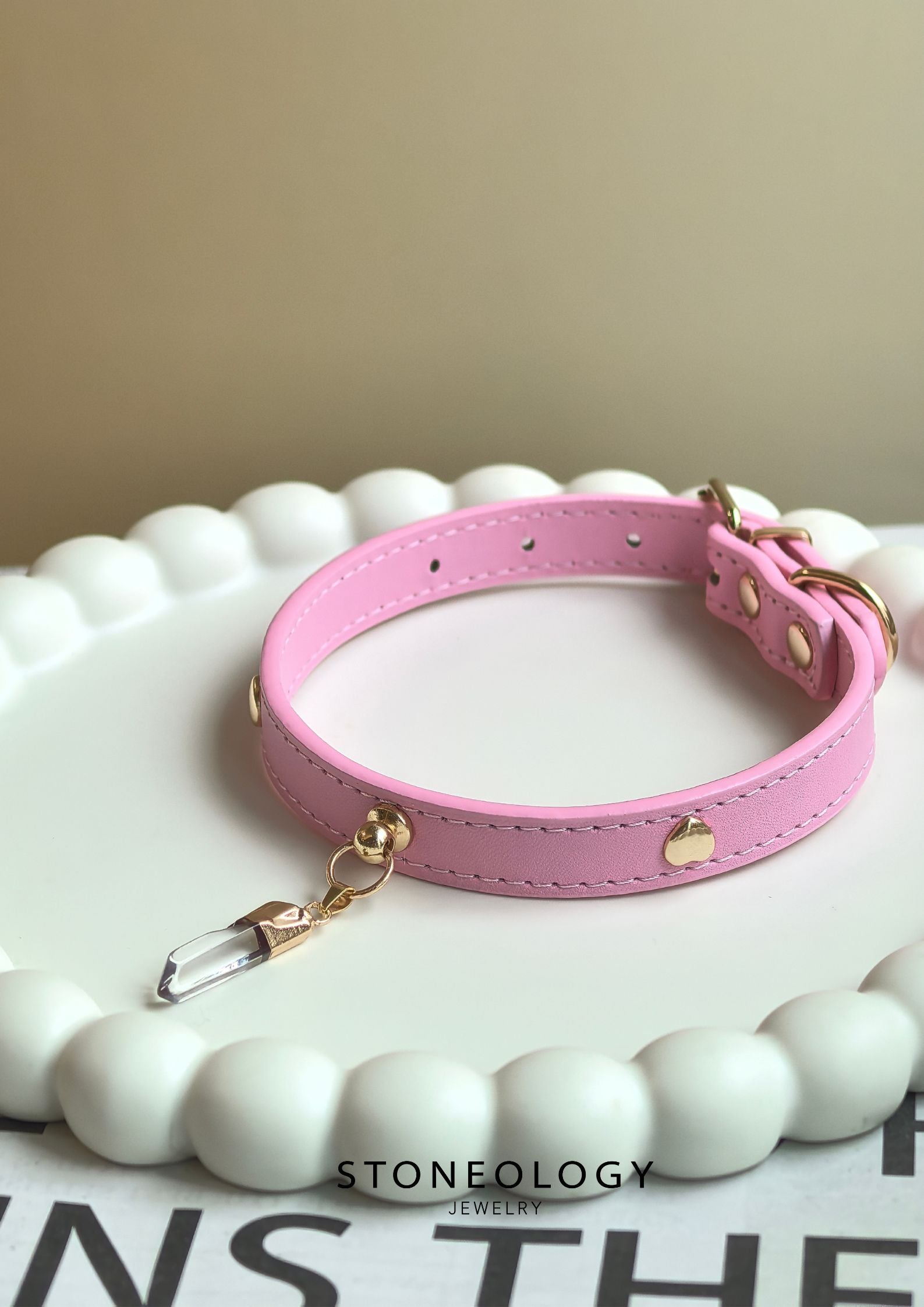 Crystal Pet Collar - Pink Collar/Clear Quartz