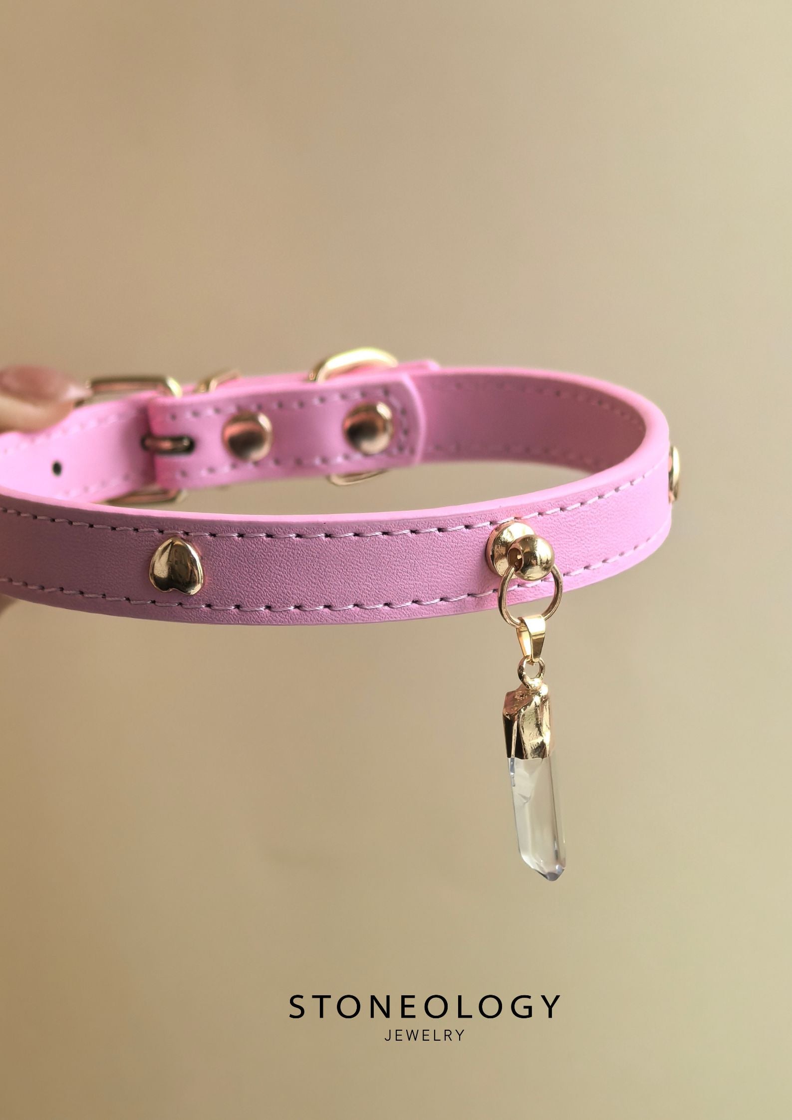 Crystal Pet Collar - Pink Collar/Clear Quartz