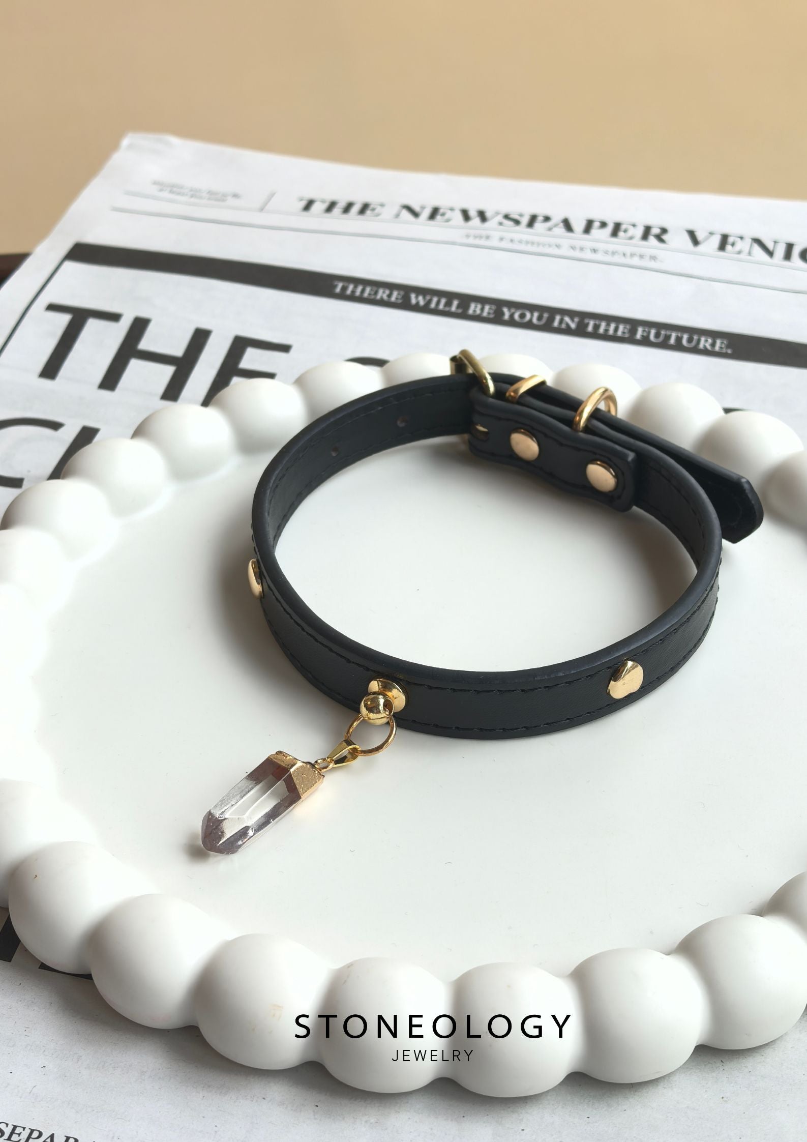 Crystal Pet Collar - Black Collar/Clear Quartz